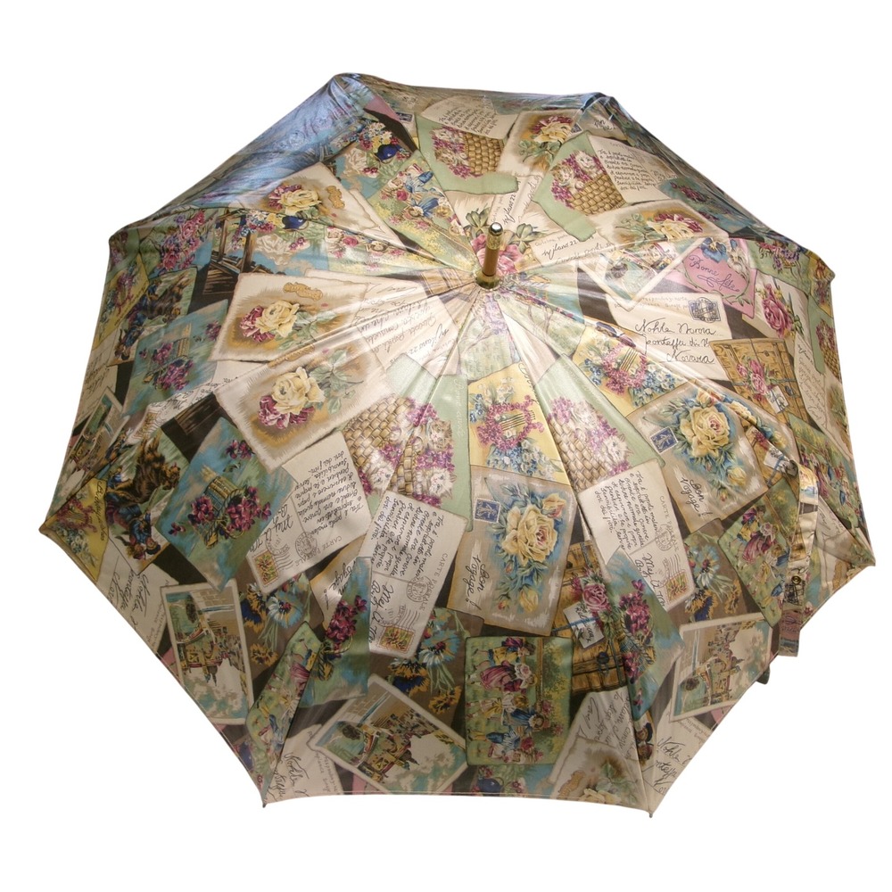 Nordic House Designs Vintage French Postcard Floral Print Umbrella Wood Handle